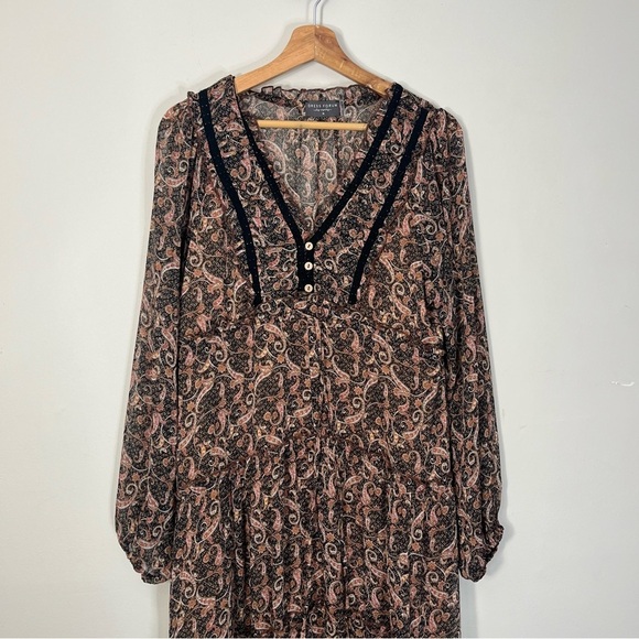 Dress Forum Medium Midi Dress Brown Paisley Tiered Long Sleeve Boho Festival - Picture 6 of 8